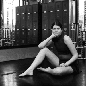 Black and white photo of a young adult women sitting in a dance studio