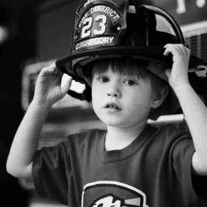 Black and white photo of male child wearing a fireman’s helmet
